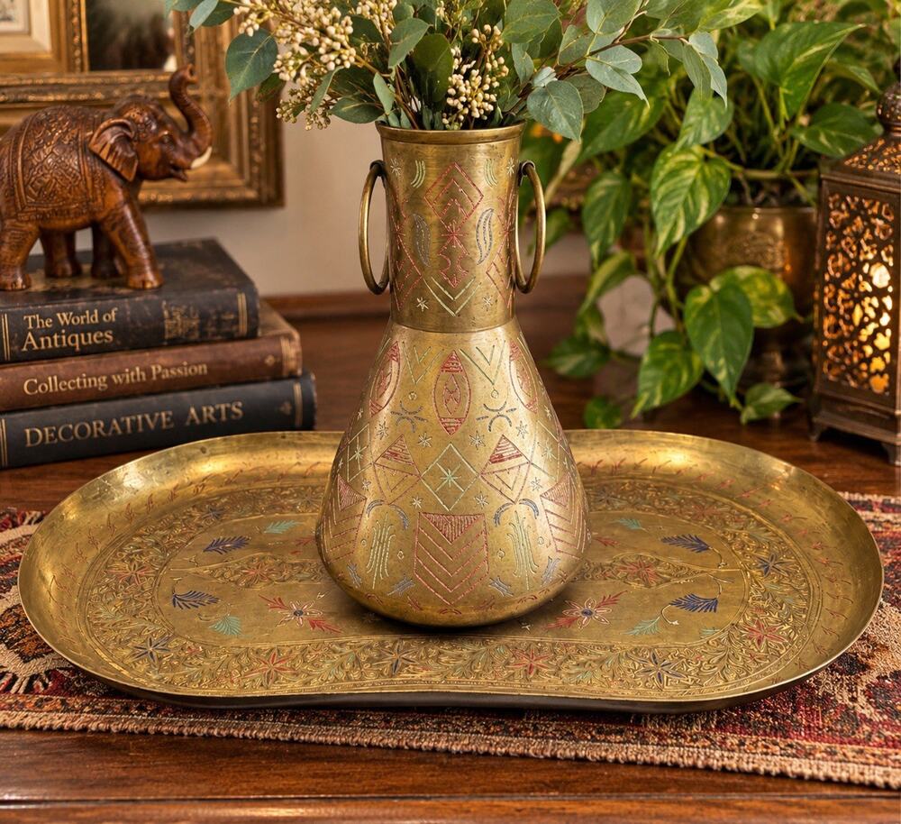 Vintage India Engraved Brass Vase & Tray Set Hand Etched Multicolor